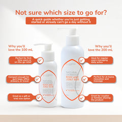 Two bottles of Natural Harmony Body and Joint Rub with size comparison information on a white background.