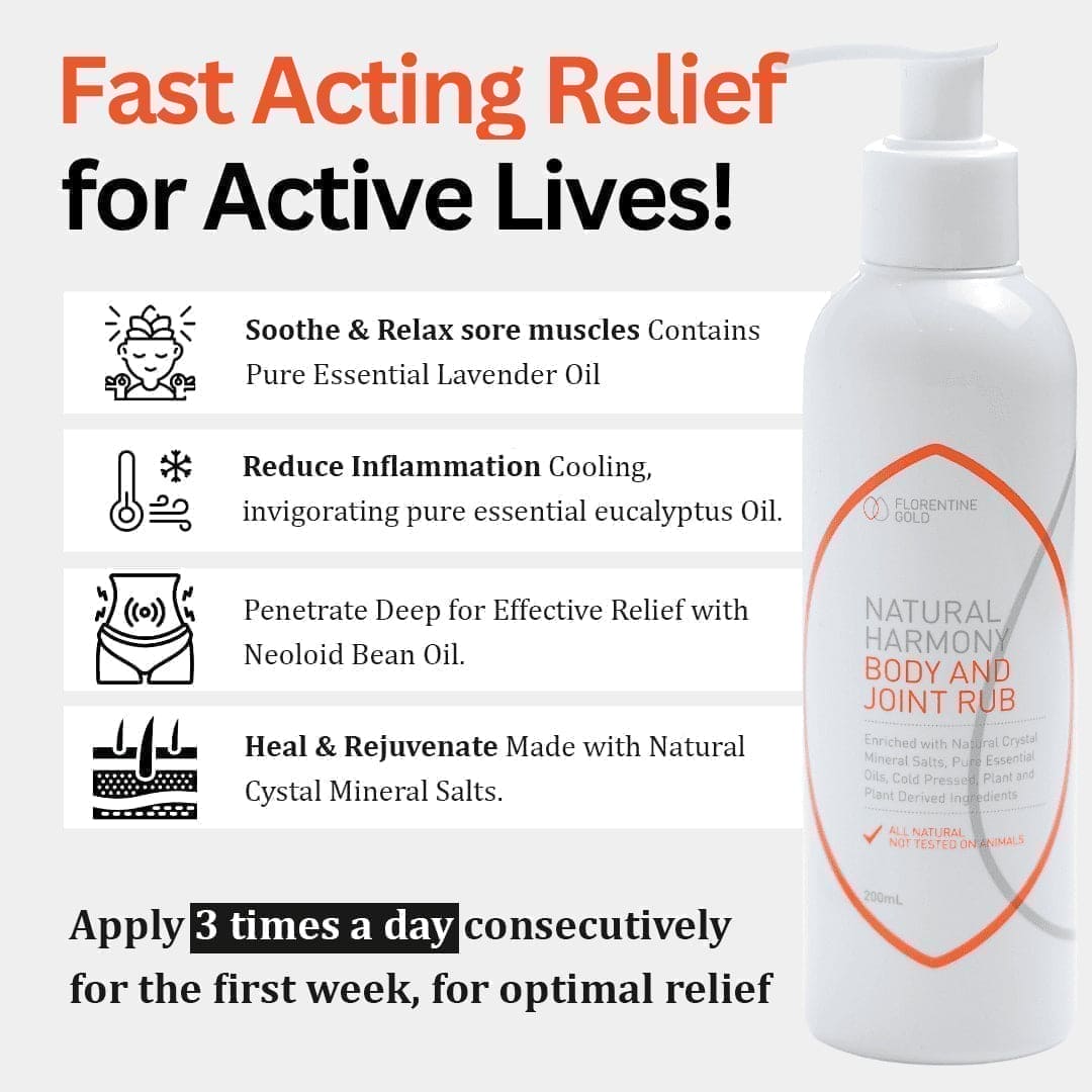 White bottle of Natural Harmony Body and Joint Rub with product features listed on a white background