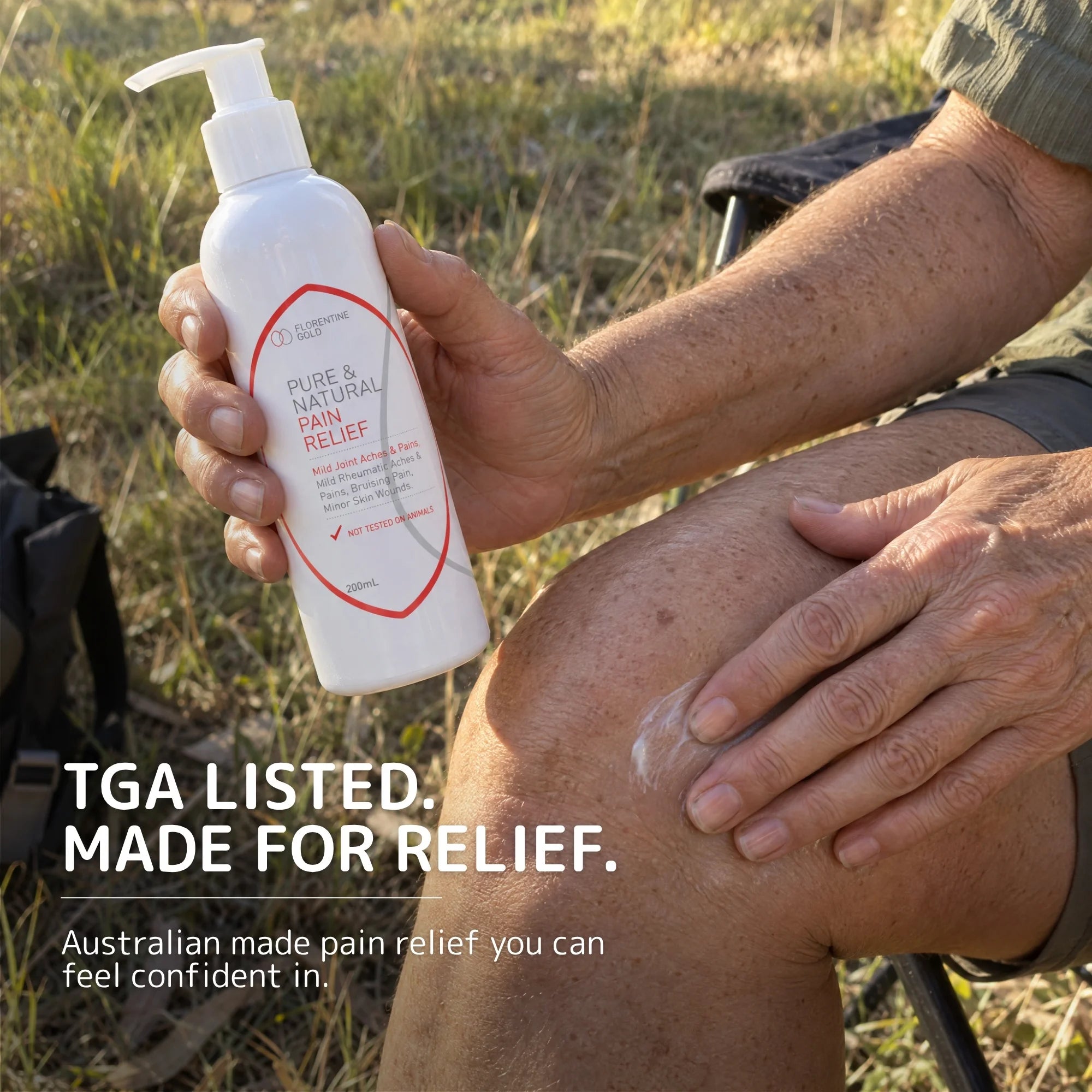 A person outdoors holds a white pump bottle labeled TGA Listed Pure & Natural Pain Relief Cream while applying cream to their knee. Text on the image reads 'TGA LISTED.