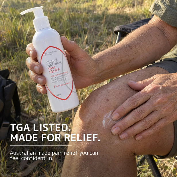 A person outdoors holds a white pump bottle labeled TGA Listed Pure & Natural Pain Relief Cream while applying cream to their knee. Text on the image reads 'TGA LISTED.